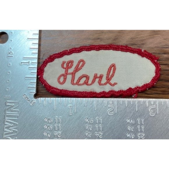 Vintage Name Patch Harl Embroidered Red Letters Oval 3" Across - Picture 3 of 4